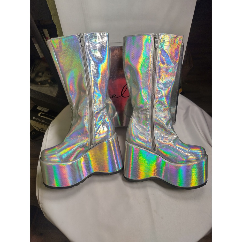 Ellie Shoes 500-AMARA Holographic Silver Snakeskin 5" Platform Boots Womens 8